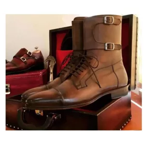 Men's Double Monk Brown Leather Lace Up Cap toe Handmade Boots,