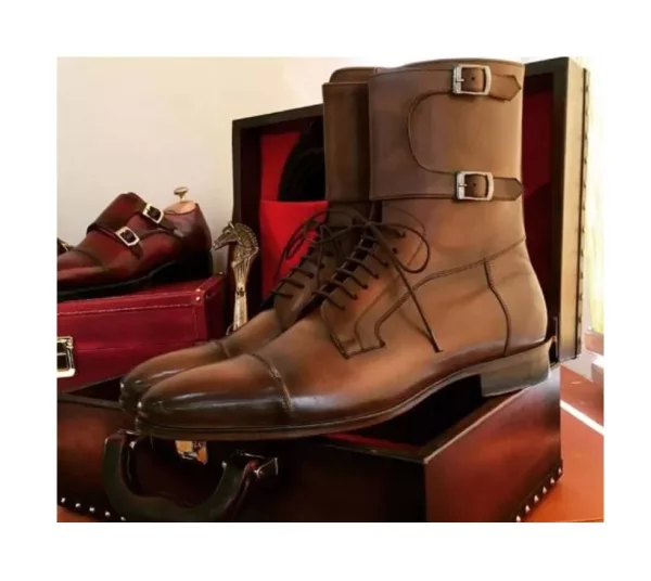 Men's Double Monk Brown Leather Lace Up Dress Boot Handmade Boots,