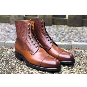 Handmade lace up boots, brown leathers boots for men, men's cap toe high ankle boots