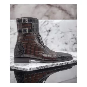 Men's Handmade Alligator Texture Leather Cap Toe Lace Up Double Buckle Boots