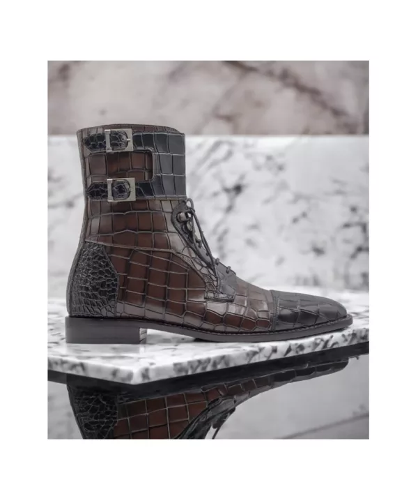 Men's Handmade Alligator Texture Leather Cap Toe Lace Up Double Buckle Boots