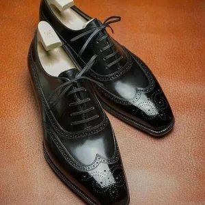 Men's Black Leat;her Oxford Wingtip Laceup shoes