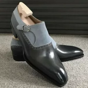 Men's Two-tone Gray & Black Suede Leather Monk Strap Dress Shoes