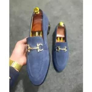 Handmade Men Blue Suede Bit Loafer Shoes, Peas Shoes, Casual Loafer Shoes