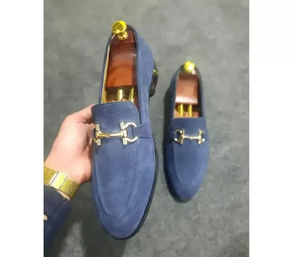 Handmade Men Blue Suede Bit Loafer Shoes, Peas Shoes, Casual Loafer Shoes