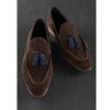 Loafer Slips On Brown Suede Leather Shoes Blue Tassel Rounded Apron Toe Handmade