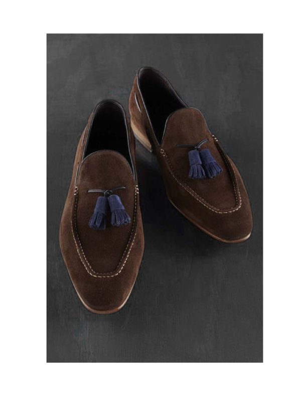 Loafer Slips On Brown Suede Leather Shoes Blue Tassel Rounded Apron Toe Handmade