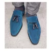 Handmade Men Blue Suede Oxfords Black Tassel Shoes