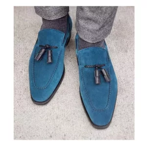 Handmade Men Blue Suede Oxfords Black Tassel Shoes