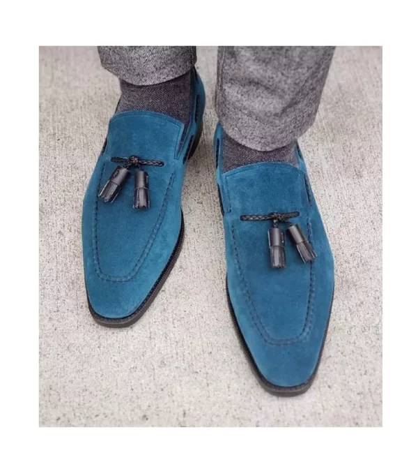 Handmade Men Blue Suede Oxfords Black Tassel Shoes