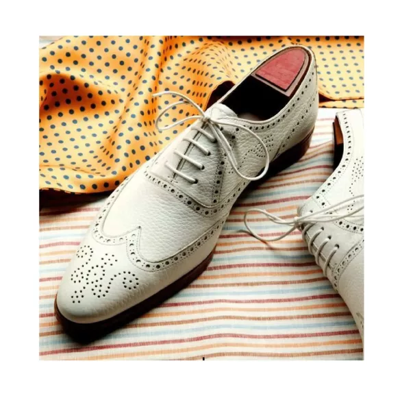 Hand made White Oxford Brogue Wingtip Real Leather Classic Shoes