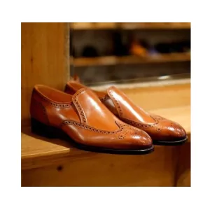 New Pure Handmade Tan Leather Stylish Brogue Dress Shoes For Men's